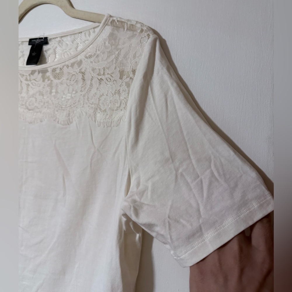 Ann Taylor Lace Yoke Short Sleeve Top Cotton Blend Knit Blouse Large - Picture 6 of 7